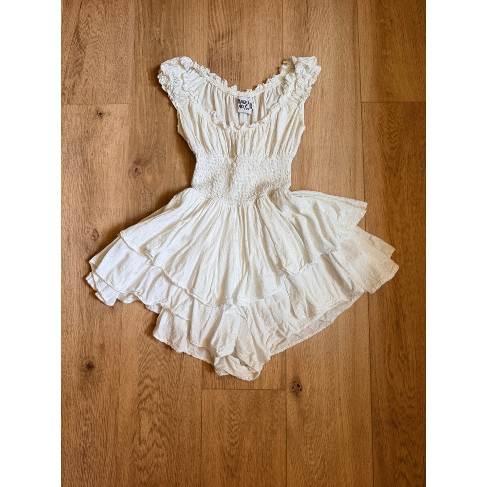 Princess Polly White Swiss Dot Ruffle Mini Romper Smocked Waist Boho Size - Picture 5 of 5